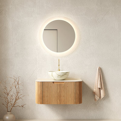 Meuble-lavabo 30 po, meuble-lavabo rayé à bords arrondis avec tiroir, cuve en céramique blanc mat et plateau en pierre frittée à motif de travertin, pré-assemblé, grain de bois naturel