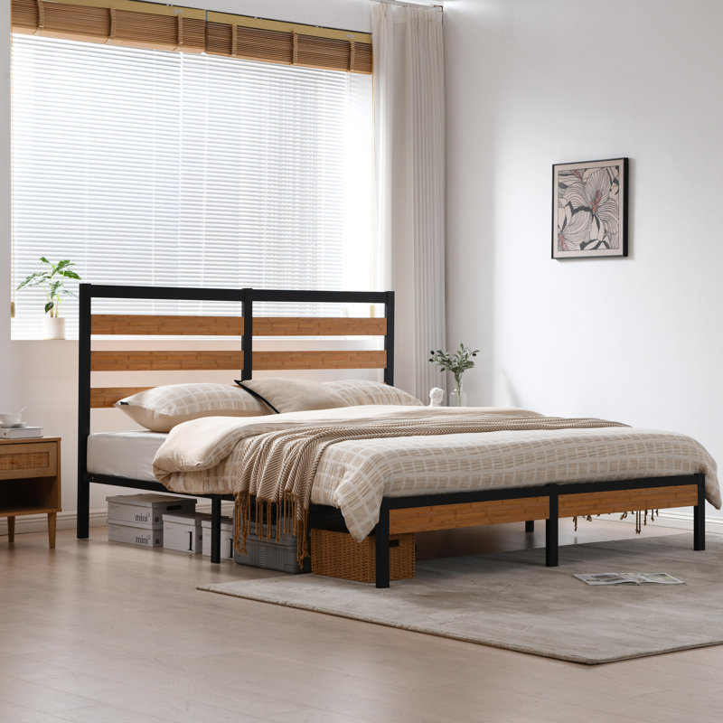 Base de lit plateforme Mayghan avec tête et pied de lit en bois, Bambou, Très grand