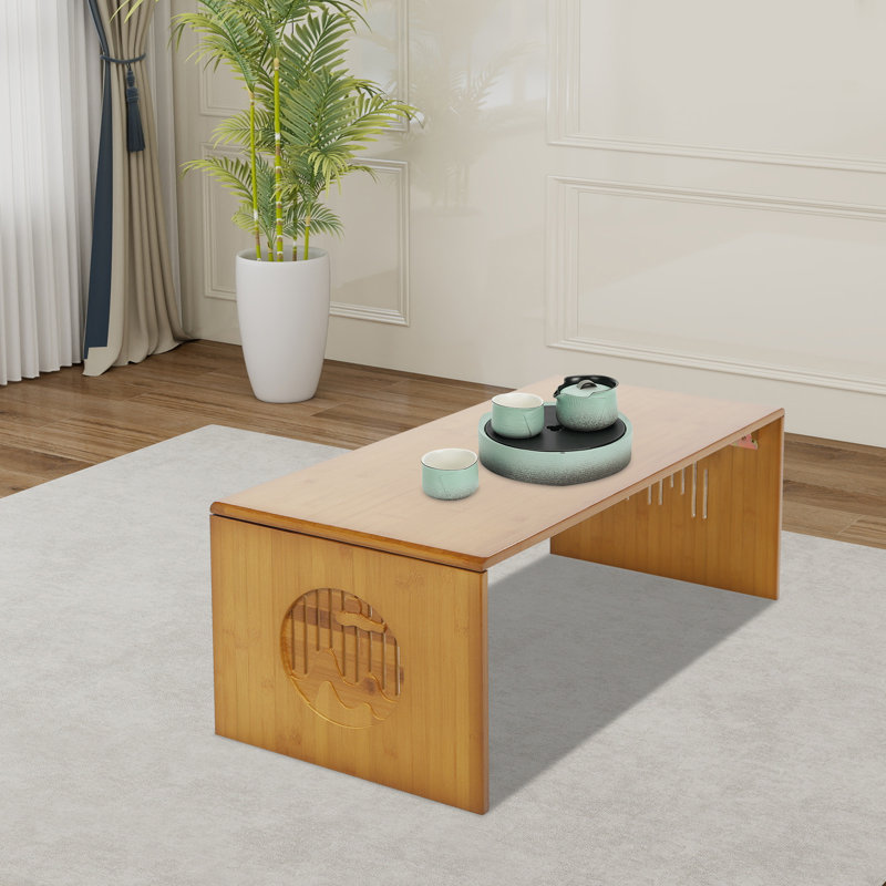 Foldable Floor Table With Chinese Landscape Carving, 11.80" H x 31.52" L x 14.60" W 