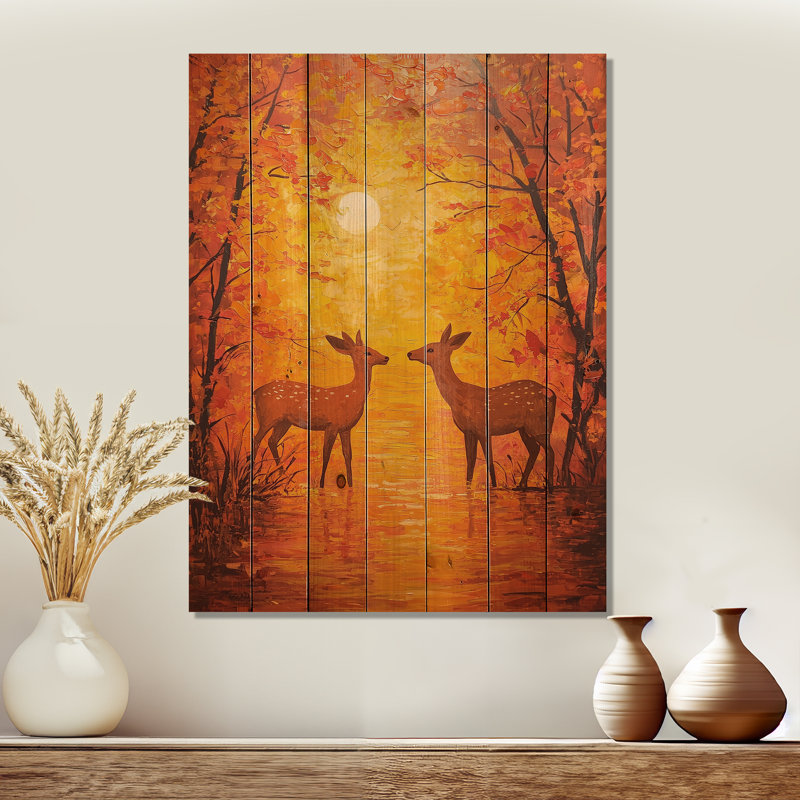 Deer Kisses At Sunset I - Art mural moderne en bois sur bois de pin naturel, H 32 po x l 24 po