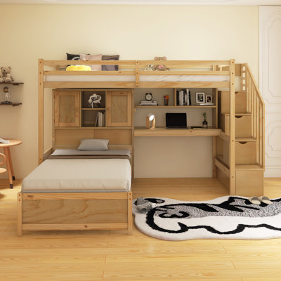 Lit mezzanine simple au-dessus de simple avec bureau intégré et escalier, avec compartiments de rangement et tablettes