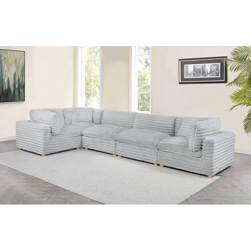 5-Piece Modular Sectional Set In Corduroy Velvet, Light Gray