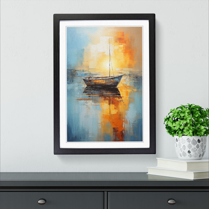 Boat on a Lake Abstract Art - Framed Print, Black Framed, 34cm H x 25cm W x 2cm D