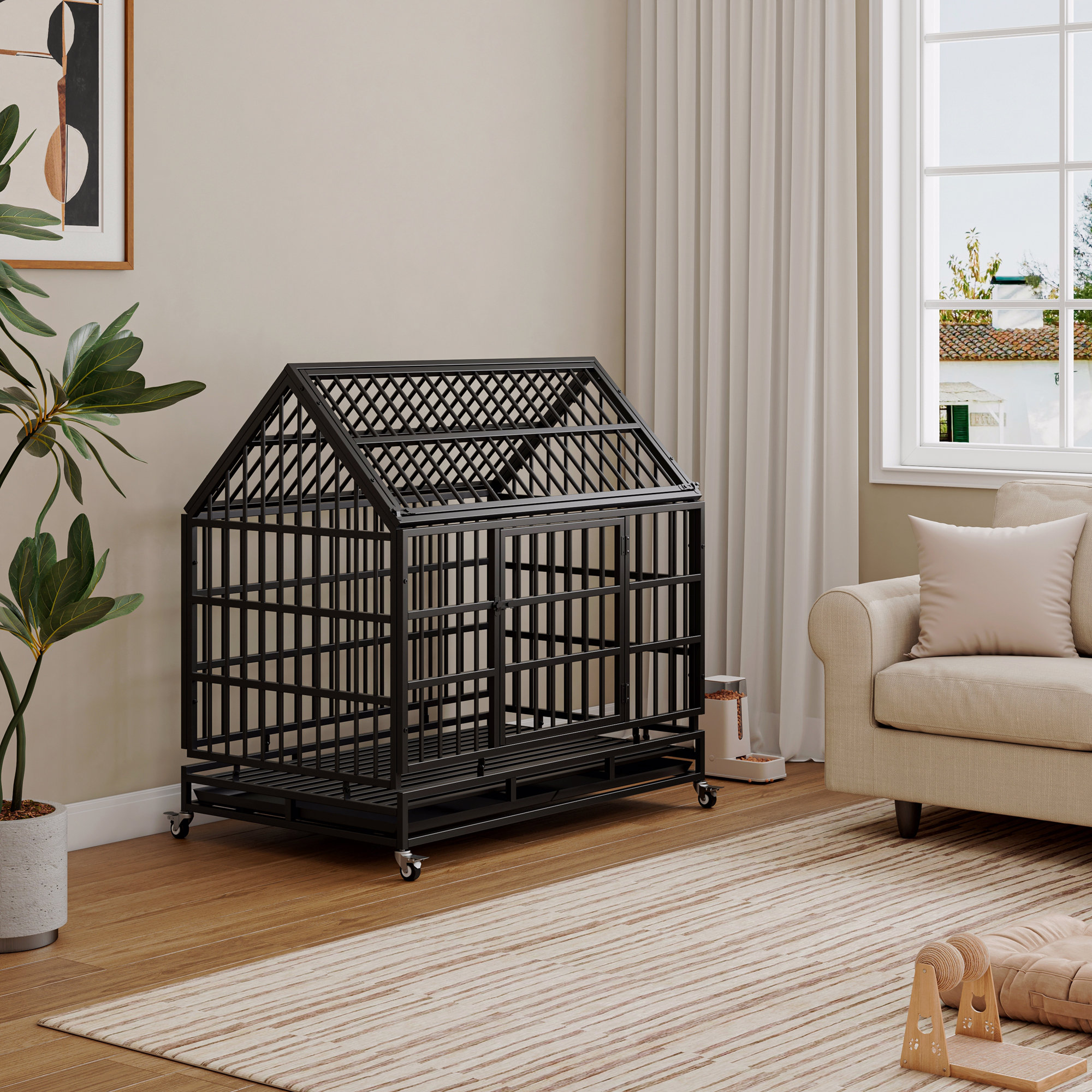 Image showcasing KAQCVIN 48 Inch Heavy Duty Dog Crate With Wheels, Folding Metal Big Dog ...