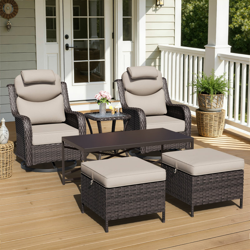Adcox 2-Person Outdoor PE Wicker Patio Furniture Set with Swivel Chairs,Headrest Pillows,Ottomans,Tables & Beige Cushions
