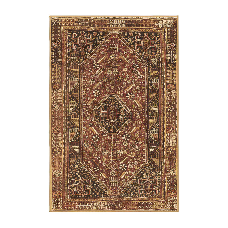 Tapis oriental en laine / polyester tissé à la machine Jenesa en brun / noir / rouge, Rectangle 3 pi x 5 pi