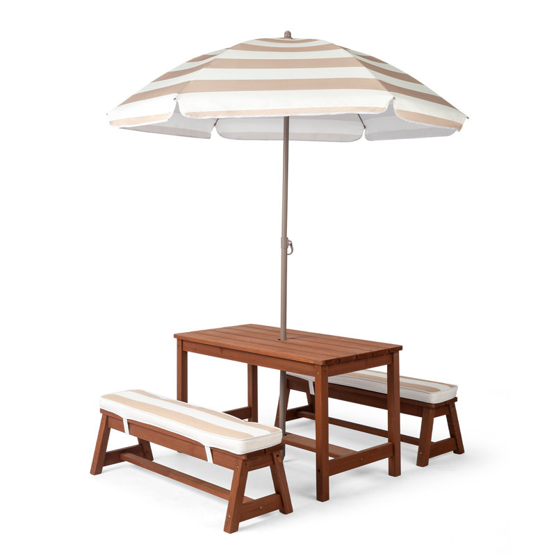 Kids Wood Rectangle Outdoor Picnic Table And Bench With Umbrella And Cushion, Tan