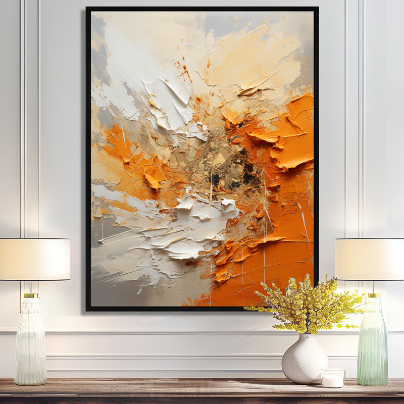Échos orange et beiges de formes modernes I - Décoration murale peinture abstraite, Cadre flottant noir