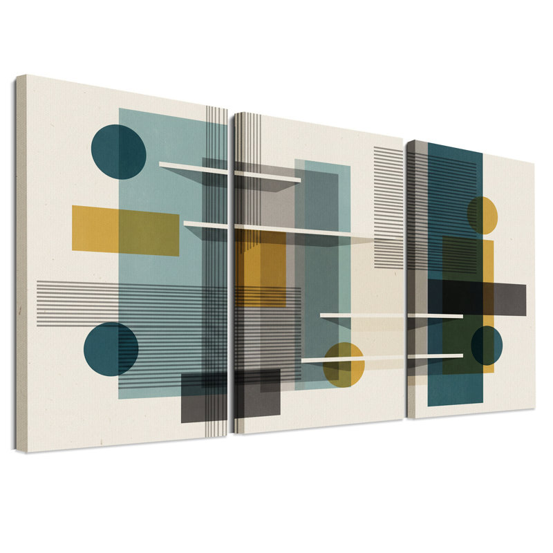 Ensemble de 3 toiles murales aux formes géométriques turquoise et jaune moutarde, 36"H x 24"W x 3pcs