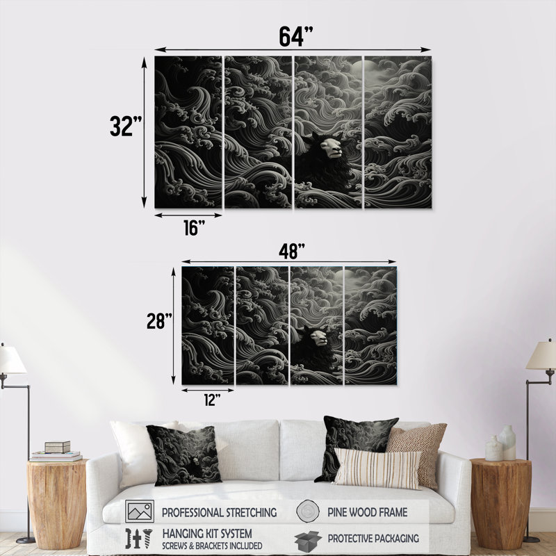 «Black and White Goat Abstract Portrait III - Chèvre», art mural 4 pièces, H 28 po x l 48 po