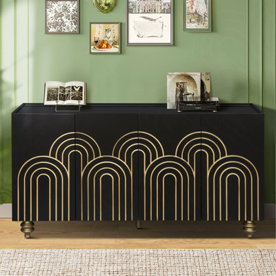 Buffet Buffet moderne cannelé avec rangement, élément incurvé avec lignes strictes, armoire de rangement à 4 portes avec tablettes réglables