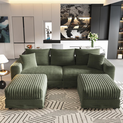  82.7" Corduroy Oversized Loveseat Sofa with Ottoman, 3-Seater Modular Sectional Couch with Soft Pillows, Convertible Sofa Lounge Chair, Modern Deep Seat Upholstered Cloud Couch for Living Room, Bedroom, Apartment