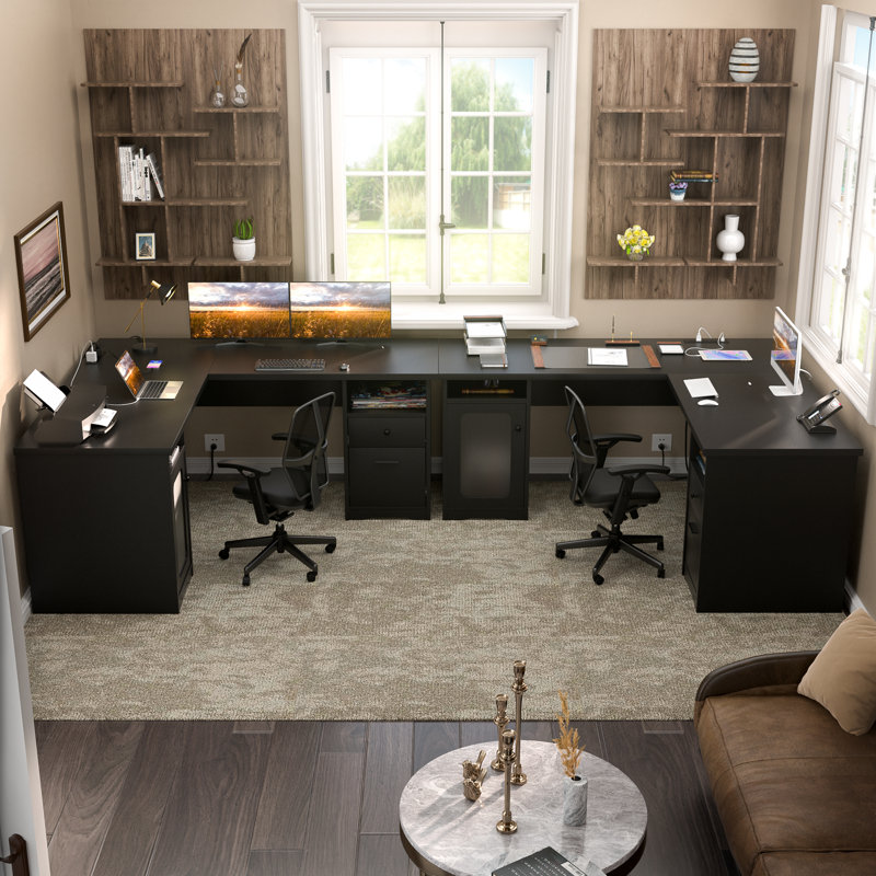 Detcho 60'' L Shaped Executive Desk with Drawers and Power Outlets, Black