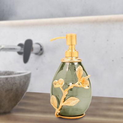 Milli Collection Glass Soap Dispenser in Black Luster Finish Gold Branch for Bathroom Decor