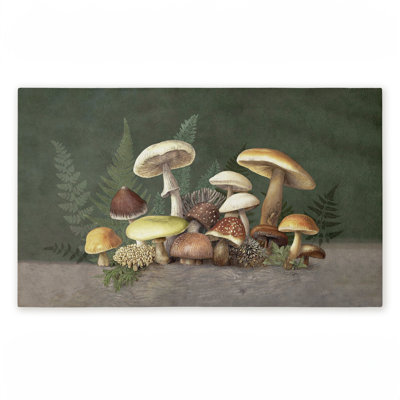 Tapis de porte d'extérieur imprimé champignons et fougères sur fond bleu, par Tim Coffey, 18 po x 30 po