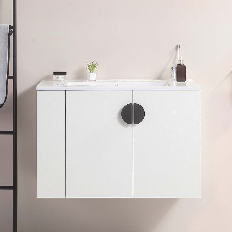 Meuble-lavabo de salle de bain avec lavabo, 2 portes et tablette de rangement ouverte, Blanc