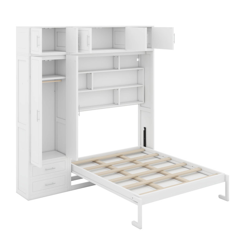 Grand lit escamotable mural avec armoire supérieure, tablettes et garde-robe, Blanc