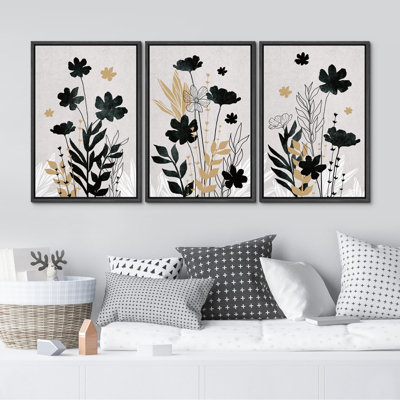 «Botanical Black and Gold Midnight Flora Elegant Floral Silhouettes Illustration Modern Art Decor», 3 pièces
