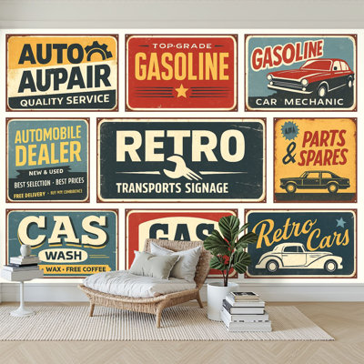 Papier peint adhésif auto-adhésif moderne l 96 po x H 69 po Pez and Stick pour chambre à coucher Collection Vintage Transport Signs for Car Service