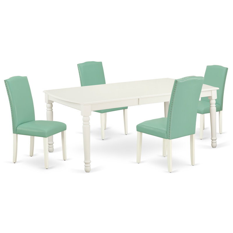 5 Piece Dining Table Set Includes a Rectangle Dining Table with Butterfly Leaf and 4 Pond Faux Leather Upholstered Chairs, Linen White