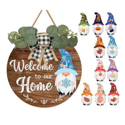 11.8" Farmhouse Interchangeable Gnome Welcome Sign, Gnome Wreath Round Hanging Decor