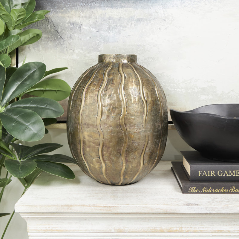 Montera Metal Snakeskin Inspired Decorative Brass Vase with Dimensional Wavy Accents