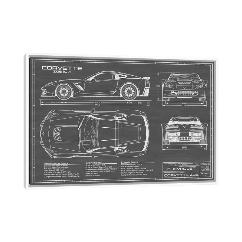Corvette (C7) Z06-impression de dessin, Pas de tapis, H 32 po x l 48 po x 1,5 po, Toile blanche encadrée