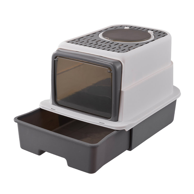 Bonfield Polyethylene Plastic Enclosed Litter Box with Scoop, White/Grey