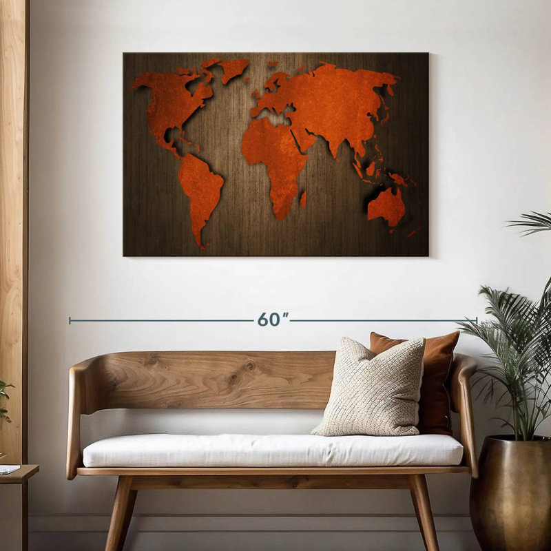 Ancienne carte du monde en bois Aliaz, H 30 po x l 45 po