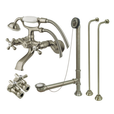 Kingston Brass Vintage Two-Handle 2-Hole Tub Wall Mount Clawfoot Tub Faucet Package with Supply Line, Hand Shower and Tub Drain