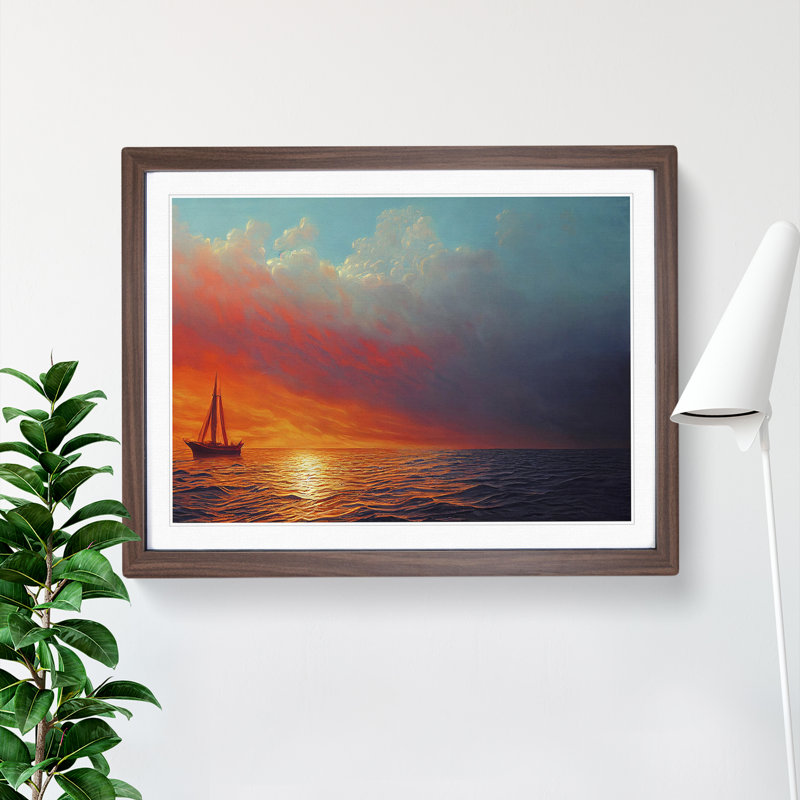 Boat At Sunset - Single Picture Frame Print, 25cm H x 34cm W x 2cm D, Walnut Framed