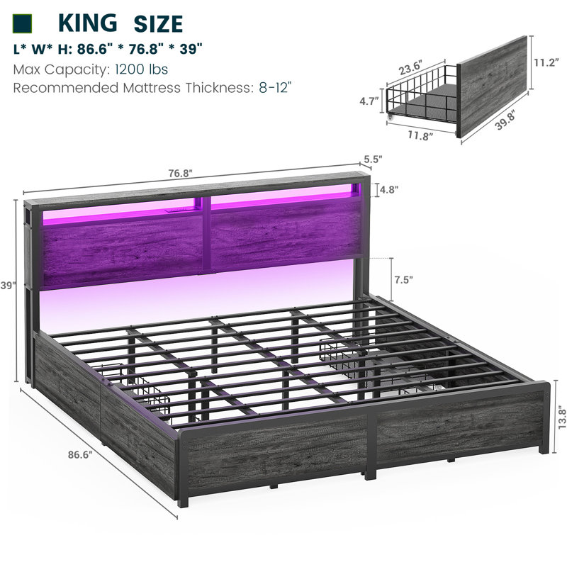 Bed Frame With 4 Drawers, Metal Frame With LED Light And Outlet, Storage Headboard, Gray, King