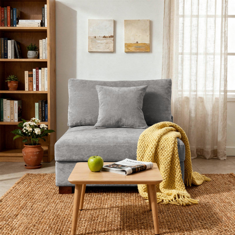 Upholstered Gray Chenille Armless Chair with Pillow Back, Single Chair Module Part For Sectional Sofa, Gray, Chenille