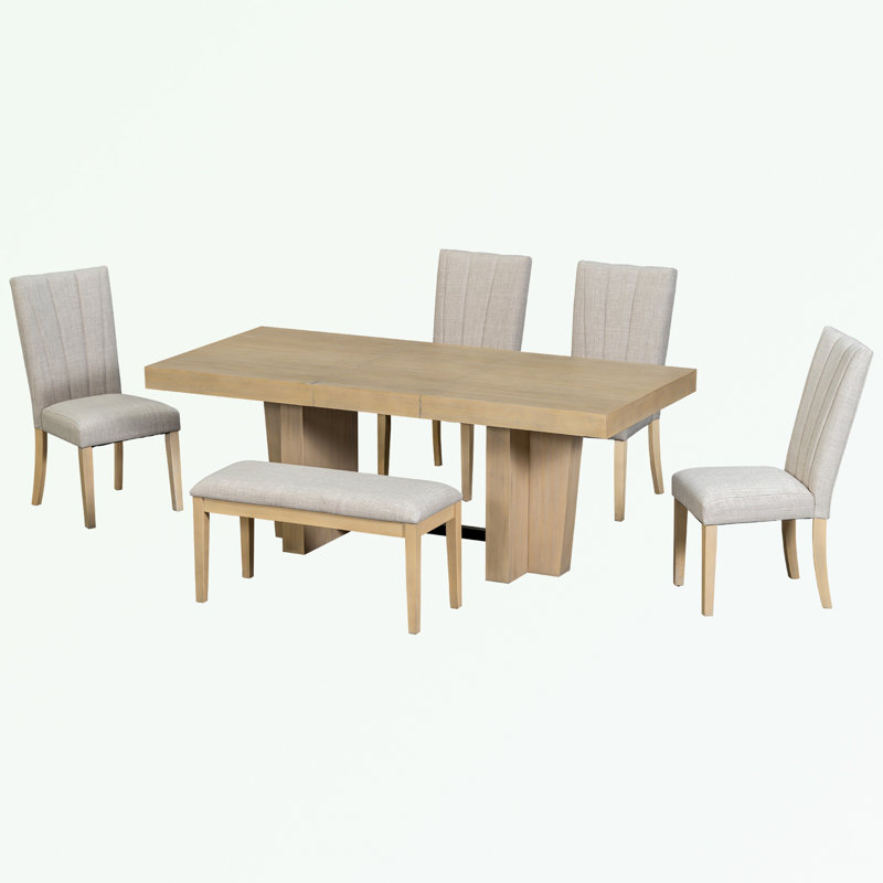 Ensemble de table de salle à manger 6 pièces avec table ronde extensible et bancs, Beige, Naturel