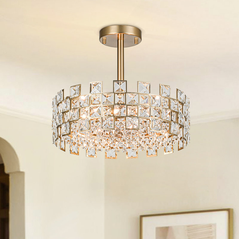 Atticus 4-Light Modern Round Crystal Semi Flush Mount Ceiling Light, Gold
