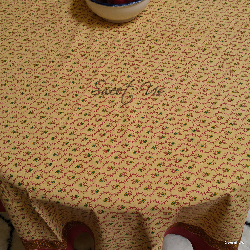 Cotton Floral Vine Round Tablecloth Gold Red Table Linen, Gold/Red, 88" x 88"