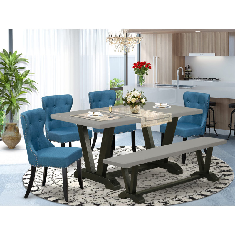 6-Pc Mid Century Table Set Contains a Cement Wood Table and Kitchen Bench and 4 Blue Linen Fabric Upholstered Dining Chairs - Wire Brushed Black Finish