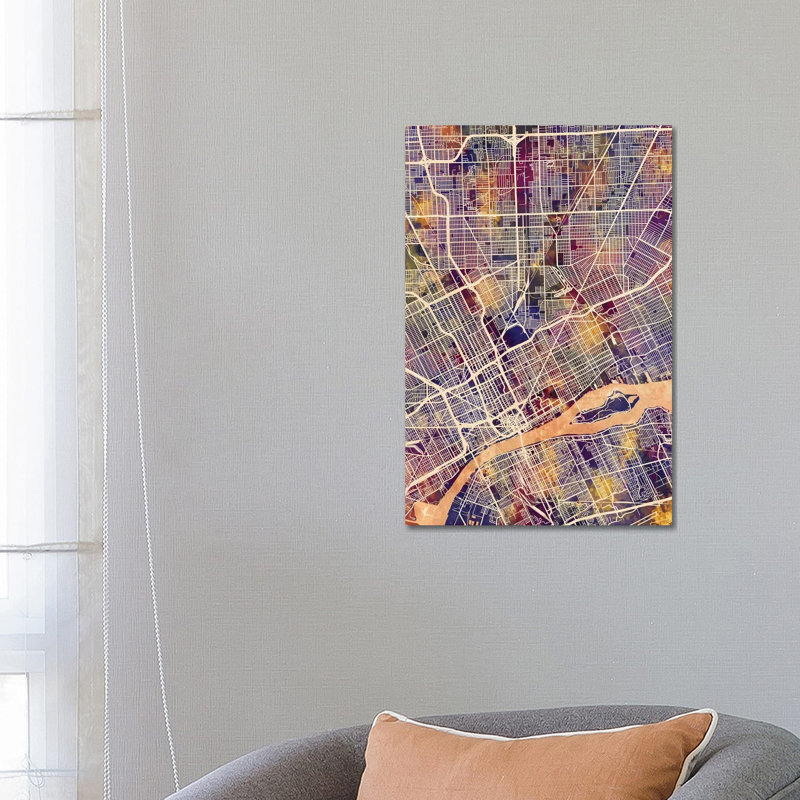 Detroit Michigan City Map II by Michael Tompsett - 1 Piece Wrapped Canvas Wall Art, 66.04 cm H x 45.72 cm W x 1.91 cm D
