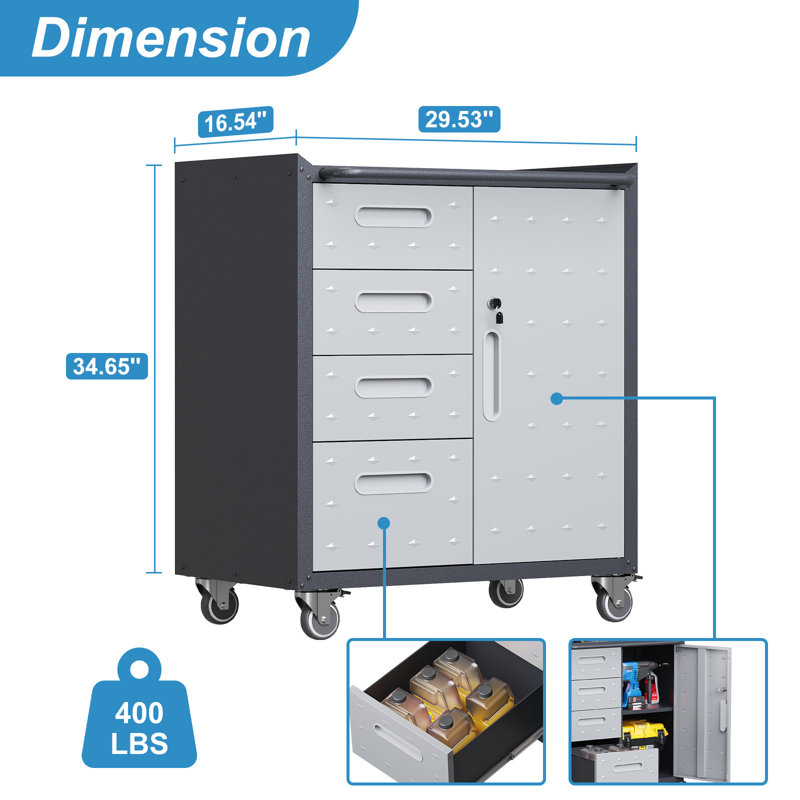 Ensemble de rangement pour garage en 3 pièces : armoires métalliques à roulettes, armoire murale, coffre à outils roulant à 4 tiroirs et armoire à panneaux perforés haute, organisateur de coffre à outils verrouillable.
