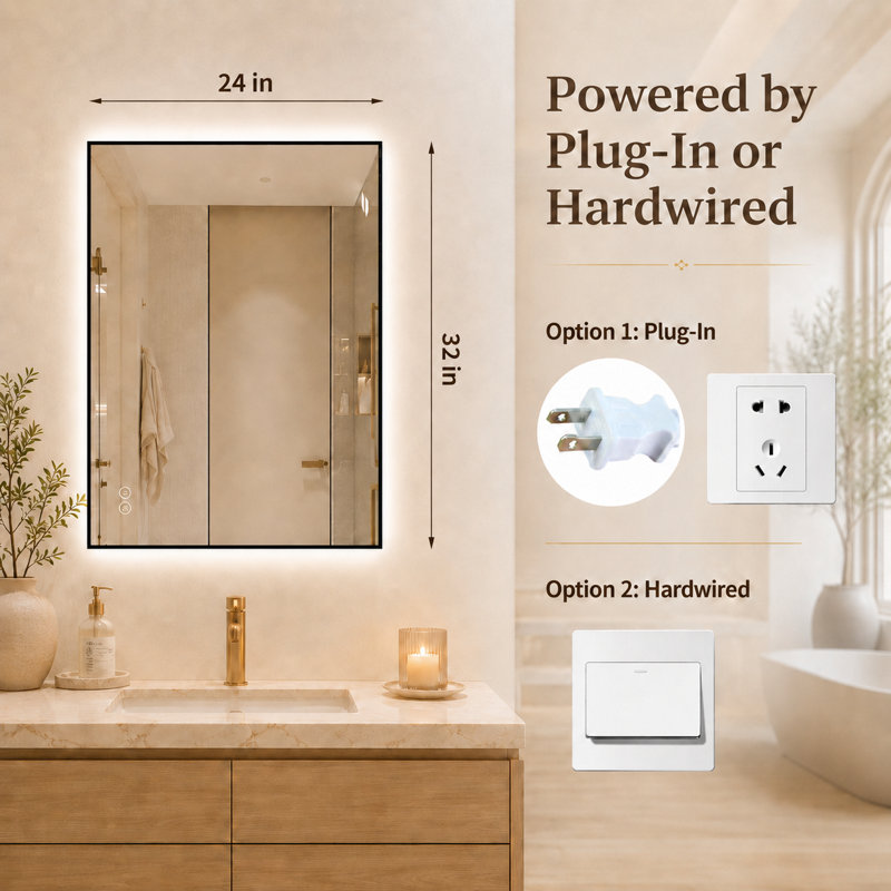 Miroir de salle de bain 32 po x 24 po avec cadre noir rétroéclairé et rétro-éclairé