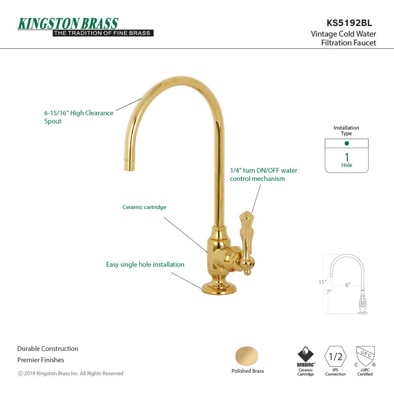 Kingston Brass Vintage Single-Handle 1-Hole Deck Mount Water Filtration Faucet, Polished Brass