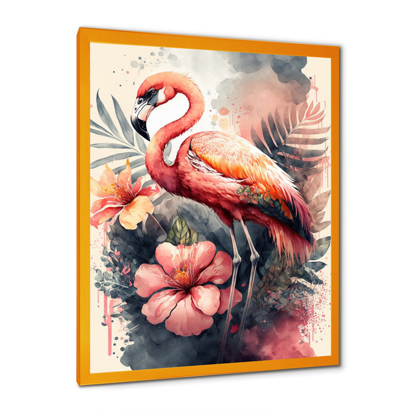 «Stunning Flamingo Floral I», impression sur toile, Cadre photo doré, H 40 po x l 30 po x P 1,5 po
