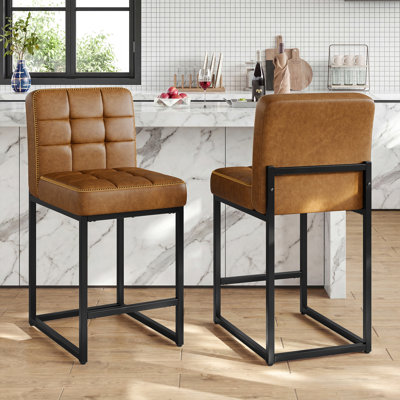 26" Modern Counter Height Bar Stool with Channel Tufted Back, Faux Leather Upholstered Seat and Metal Legs for Kitchen Island(Set of 2)