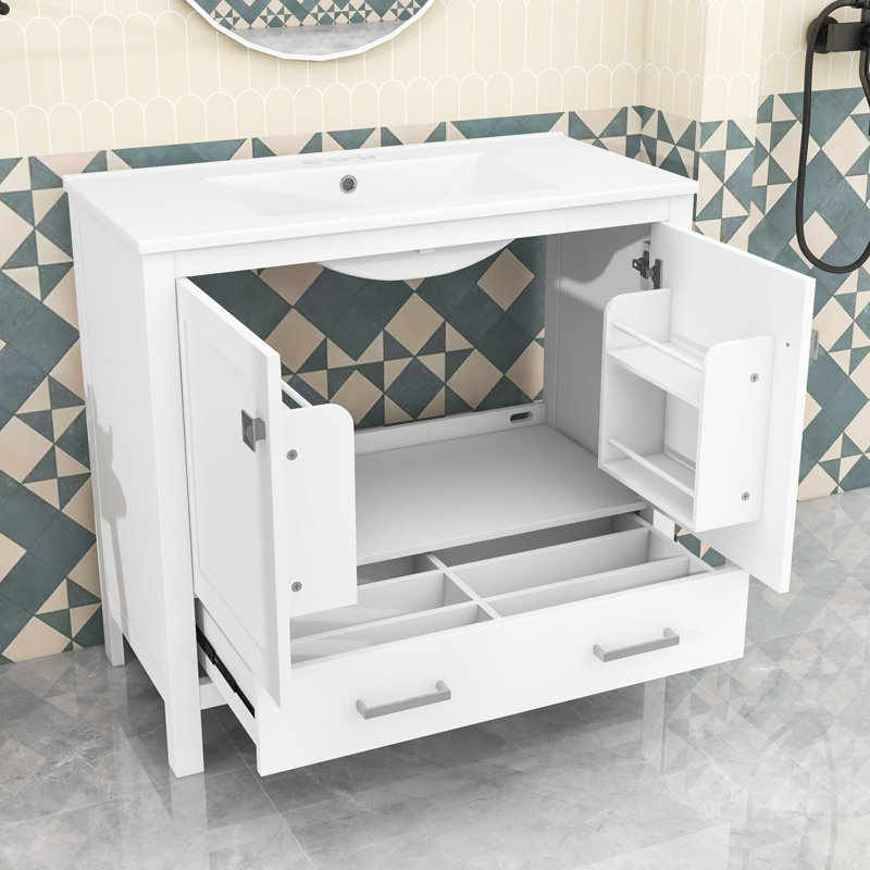 Meuble-lavabo en bois avec lavabo, tiroir divisé et portes à fermeture douce, Blanc