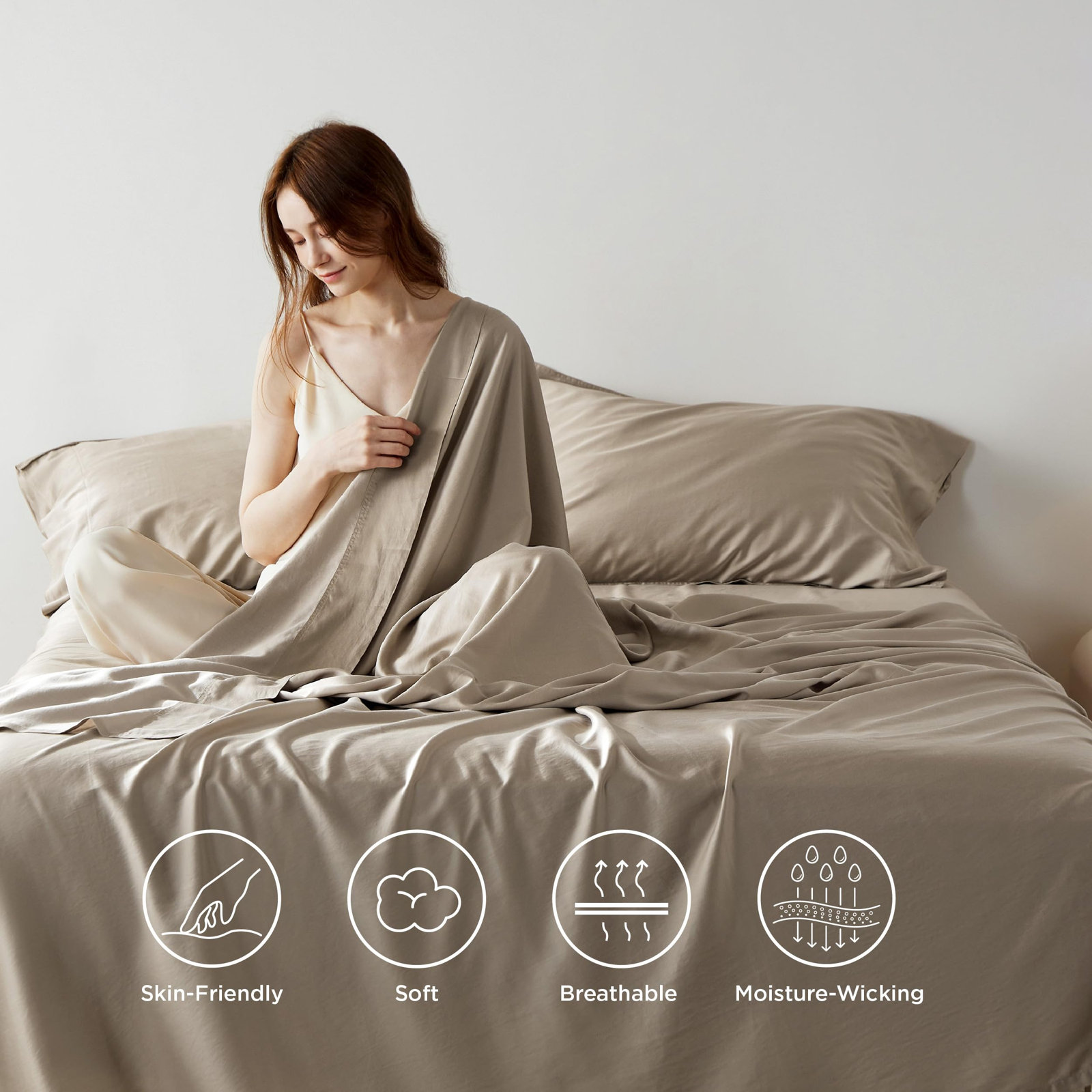 Bedsure Lyocell Cotton Breathable Eucalyptus Sheet Set, Queen Sheet Set with 1Fitted Sheet and2Pillowcases, Simply Taupe