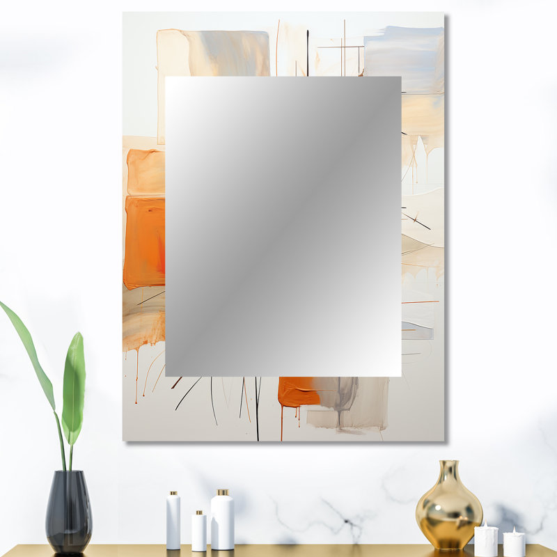 Orange Grey Line Art Abstract Expressionism - Line Art Wall Mirror, Modern Decorative Mirror, Printed Metal Art, 40" x 30"