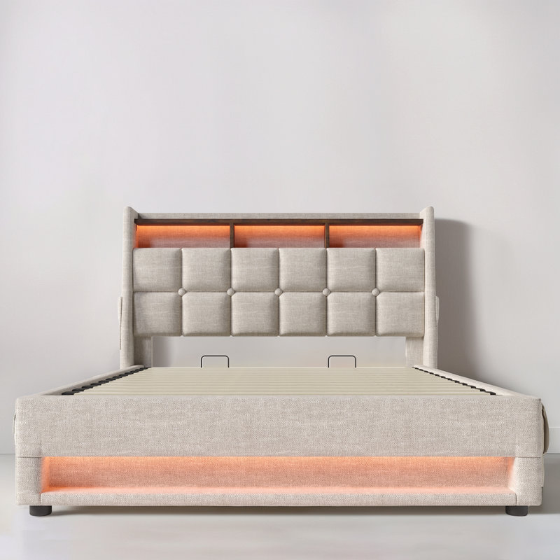 Hydraulic Lift Up Storage Upholstered Platform Bed With Charging And Led Light, Beige, Queen