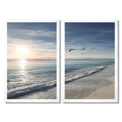 «White and Blue Coastal Oceans Pulse Paradise», impressions sur toile de plage, art mural bord de mer blanc 2 pièces