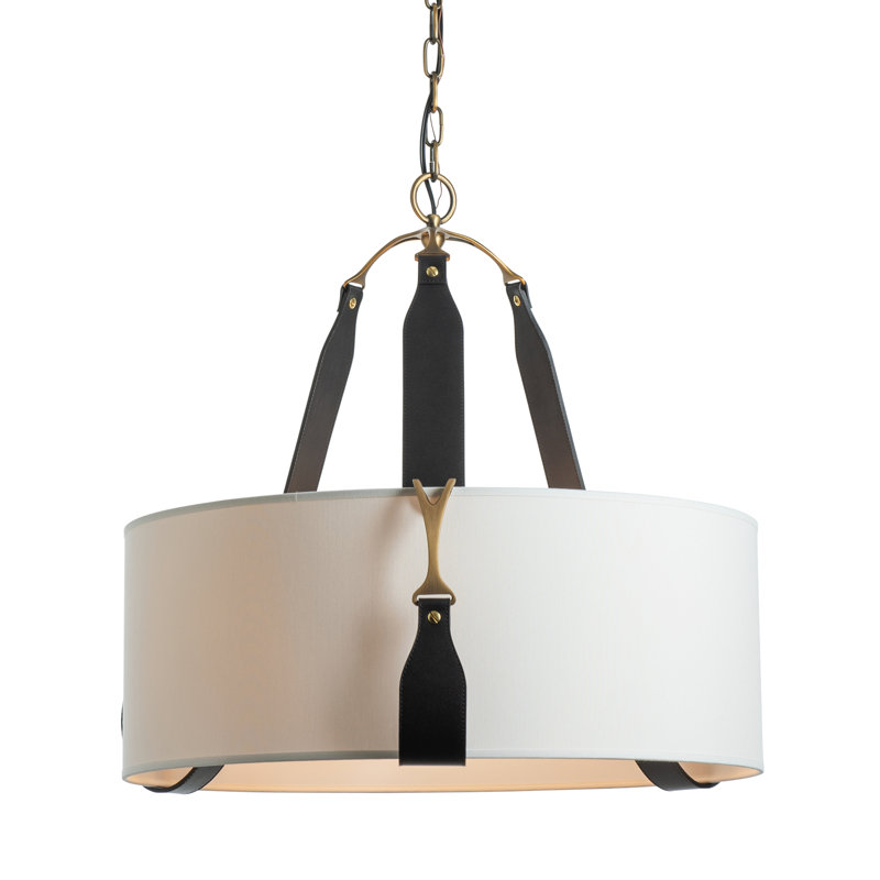 Saratoga 3 - Light Drum Pendant, Chestnut Leather, Antique Brass, Natural Anna Shade