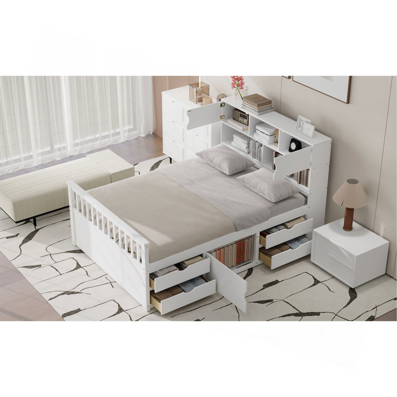Base de lit plateforme capitaine avec bibliothèques de rangement et tablettes, quatre tiroirs